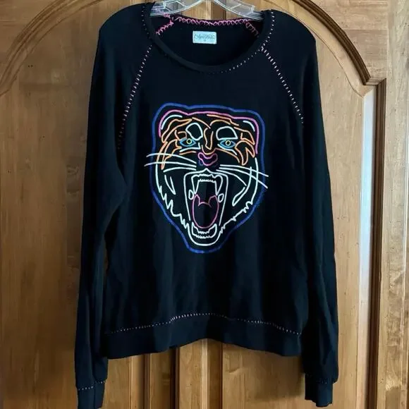 Lauren Moshi Jocelyn Neon Line Tiger drop shoulder pullover OVERSIZED M sweater - Picture 3 of 14